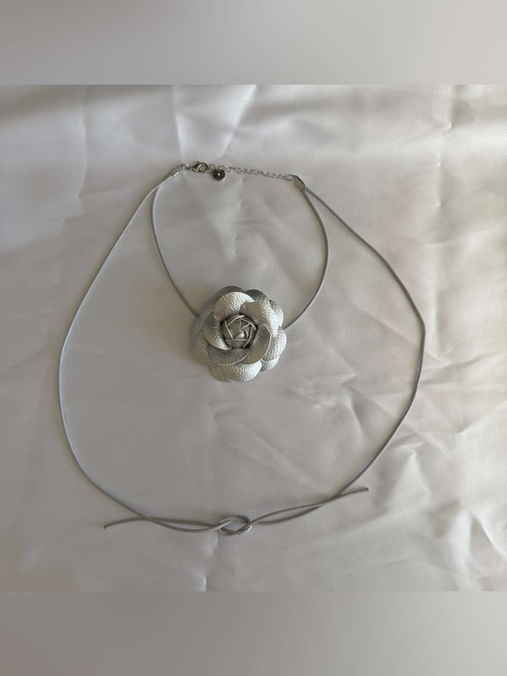 Silver Faux Leather Flower Rosette Cord Choker / Statement Necklace